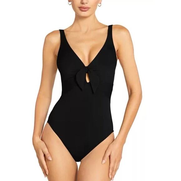 Robin Piccone Ava Plunge Neck Tie-Front One Piece Swimsuit Black Size 2 $178 NWT - Picture 1 of 14